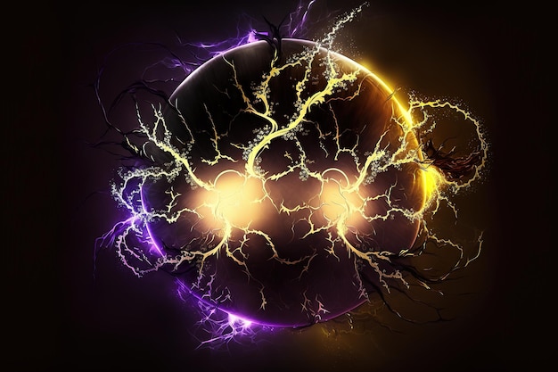 Image of lightning bolts forming a ball sparkling purple and yellow flashes Generative AI