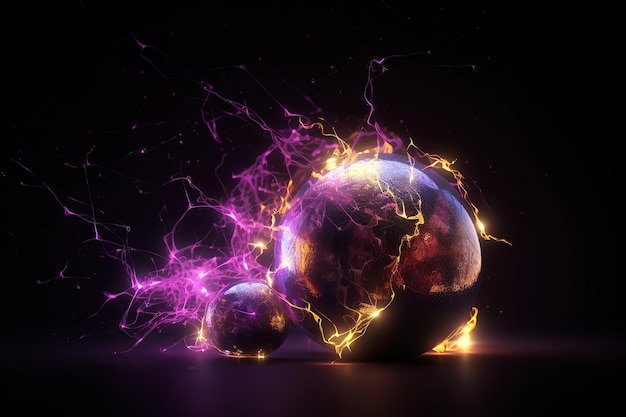 Image of lightning bolts forming a ball sparkling purple and yellow flashes Generative AI