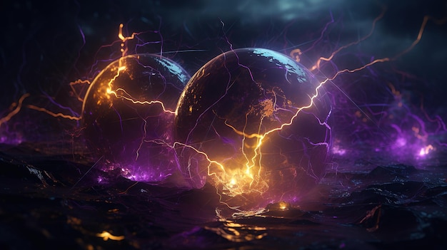 Image of lightning bolts forming a ball sparkling purple and yellow flashes Generative AI