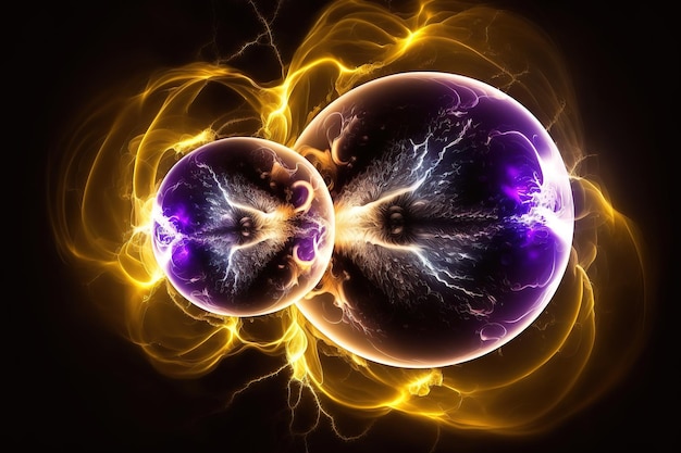 Image of lightning bolts forming a ball sparkling purple and yellow flashes Generative AI