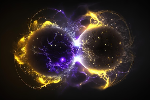 Image of lightning bolts forming a ball sparkling purple and yellow flashes Generative AI