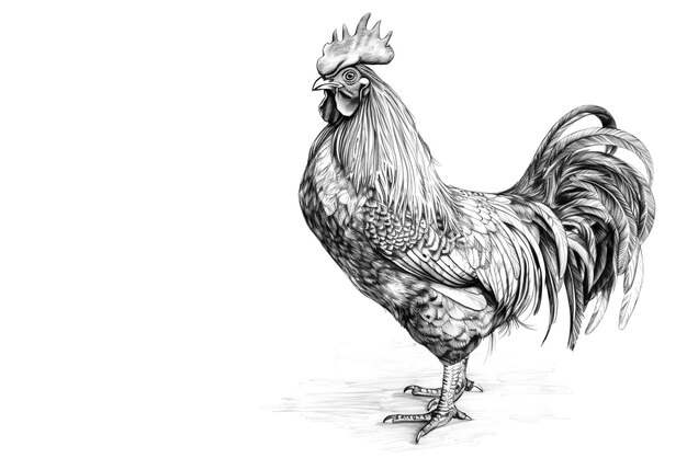 Photo image of line drawing of a rooster with ink on a white background farm animals