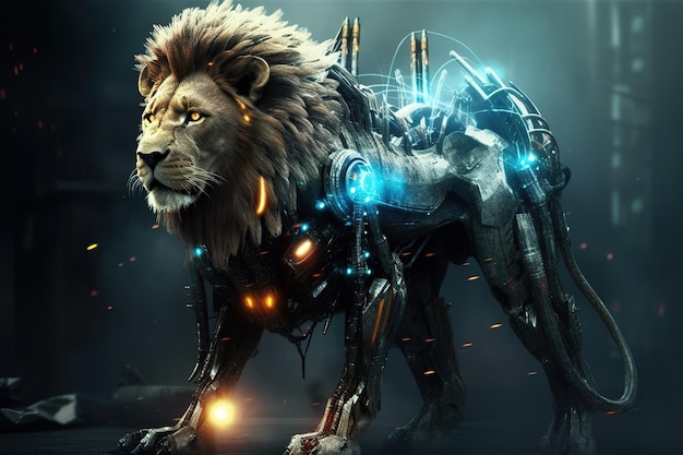 Image of a lion futuristic world modified into a electronics robot Wildlife Animals Illustration Generative AI