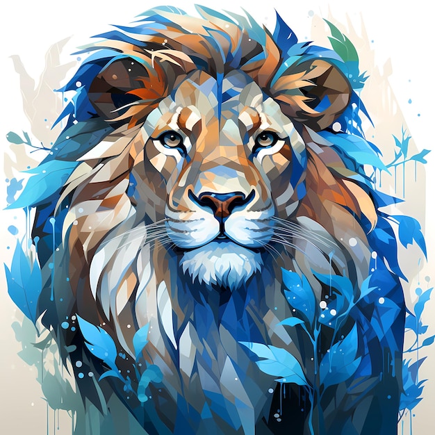 Image of lion's face with blue leaves Generative AI