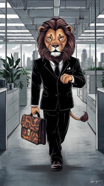 Photo image of a lion wearing black businessman suit like a boss on a office background