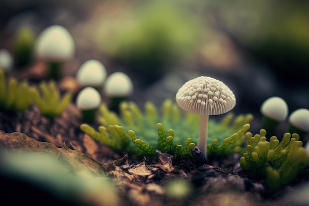 Image of a little mushroom growing in the woodland in selective focus