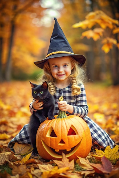 Image of a Little Witch Holding a Pumpkin and Accompanied by a Black Cat Perfect for Halloween