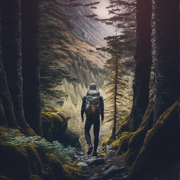 Image of a lone brave male hiker walking in the moody gloomy woods in mountains AI generative