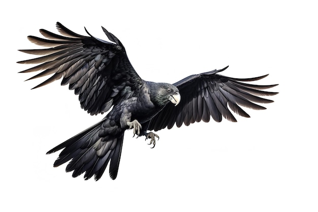 Image of a longbilled black cockatoo with spread wings in flight on a white background Wildlife Bird Illustration Generative AI