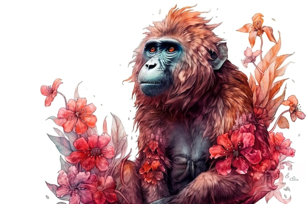 Image of a macaque monkey with colorful tropical flowers wildlife Animal illustration Generative AI