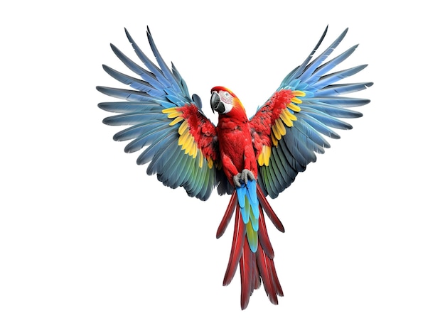 Image of macaw parrot is flying on white background Bird Wildlife Animals Illustration Generative AI