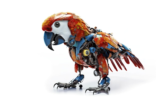 Image of a macaw parrot modified into a electronics robot on a white background Wildlife Animals Birds Illustration Generative AI