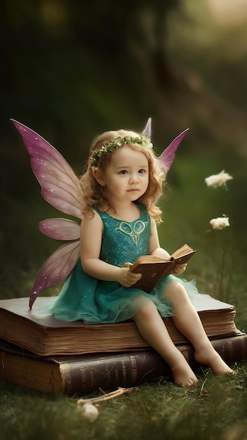 Photo image of magical little fairy sitting on old story book