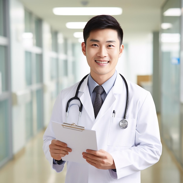 Image of a male doctor in clinic a slightly smiling