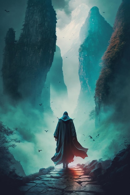 Image of a man in cloak and cape walking through foggy mountain generative ai