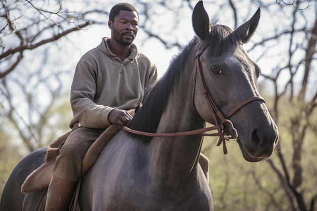 An image of a man on horseback holding an injured black rhino