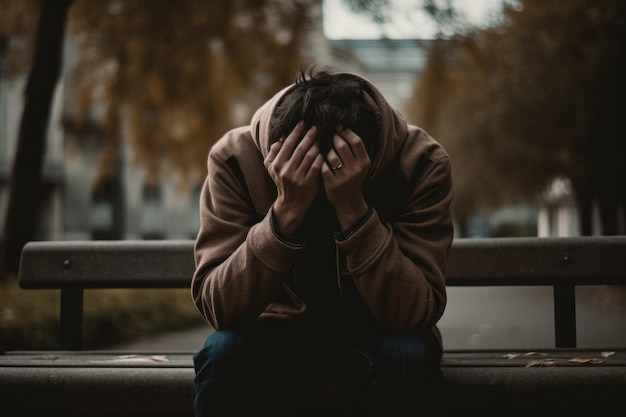 Image Of Man Sitting On Bench With His Head Down And Hands Covering His Face Appearing To Be Ashamed Or Embarrassed Generative AI