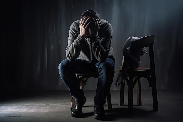 Image Of Man Sitting On Chair With His Head Down And Hands Covering His Face Appearing To Be In Shock Or Disbelief Generative AI