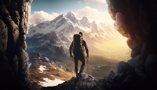 An image of man standing in front of cave with mountains in the background Generative AI