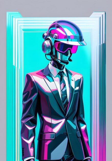 Photo an image of man in a suit and helmet in the style of cyber punk surrealism