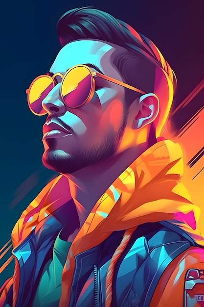 Image of man wearing sunglasses and yellow jacket with blue sky in the background Generative AI