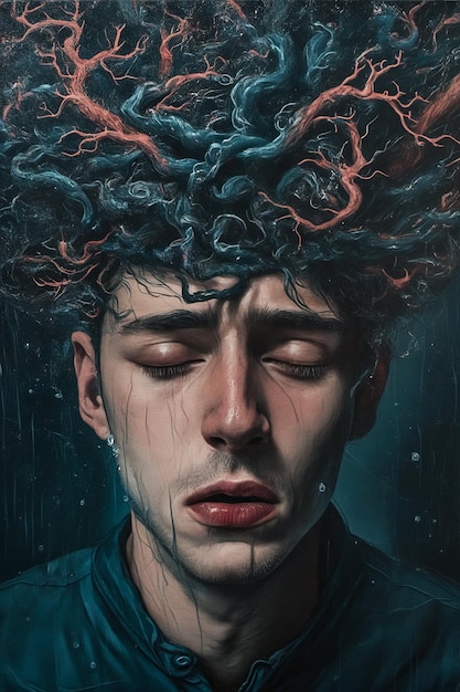 Image of man with hair as red tendrils crying and screaming in pain or agony