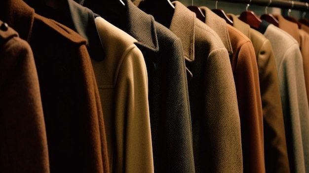 Image men's coats hanging in a row in a retail store Generative AI