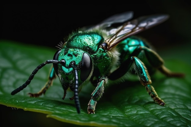 Image of metallic cuckoo waspChrysididae on the leaf Insect Illustration Generative AI