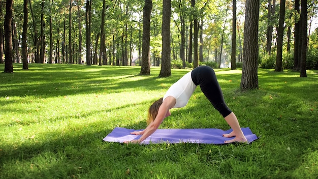 Image of mid aged smiling happy woman meditating and doing yoga exercises on grass at forest. Woman taking care of her physical and mental health while pracitising fitness and stretching at park