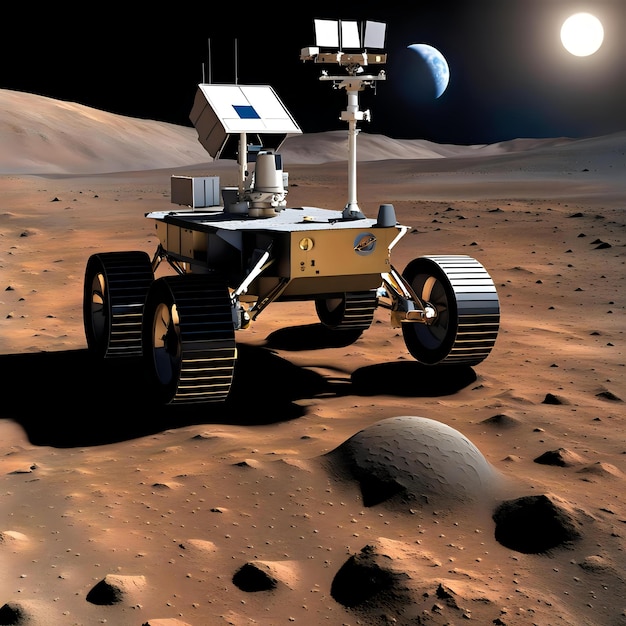 Photo image of moon rover with earth in background