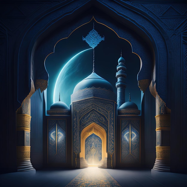 An Image of a mosque with a blue background and A moon in background