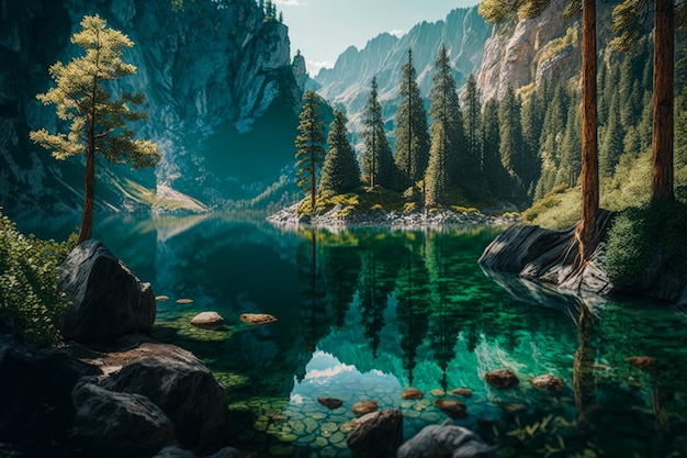 An image of mountain lake surrounded by trees Generative AI