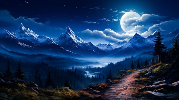 Image of mountain landscape with path leading to full moon Generative AI