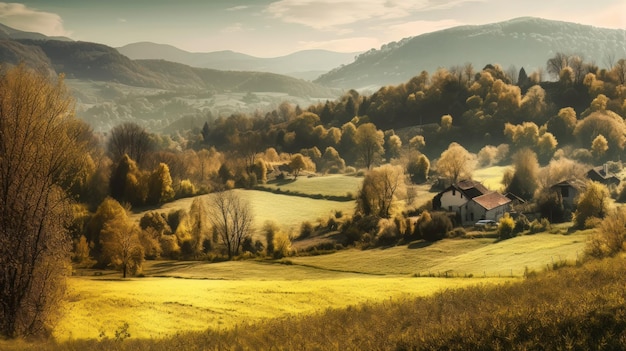 Image of mountain valley with mountains and a forest Generative AI