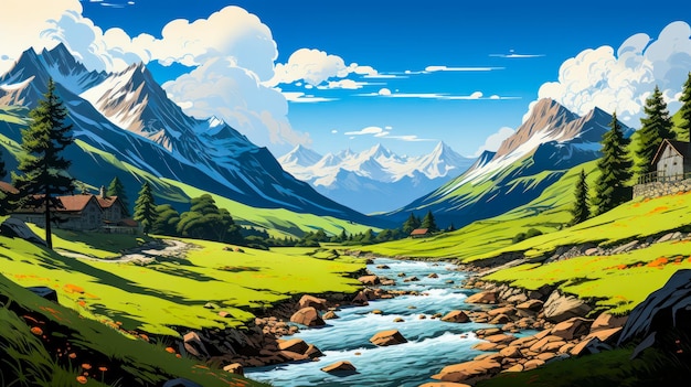 Image of mountain valley with river running through it Generative AI