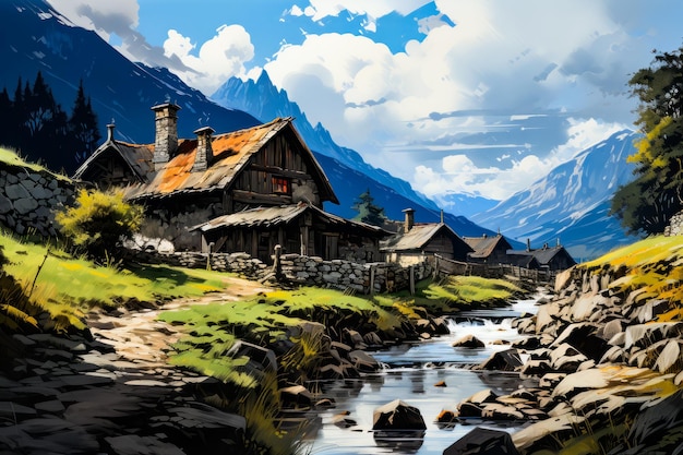 Image of mountain village with stream running through it Generative AI