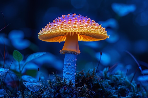 An image of a mushroom with a cap transitioning from fluorescent yellow to deep blue