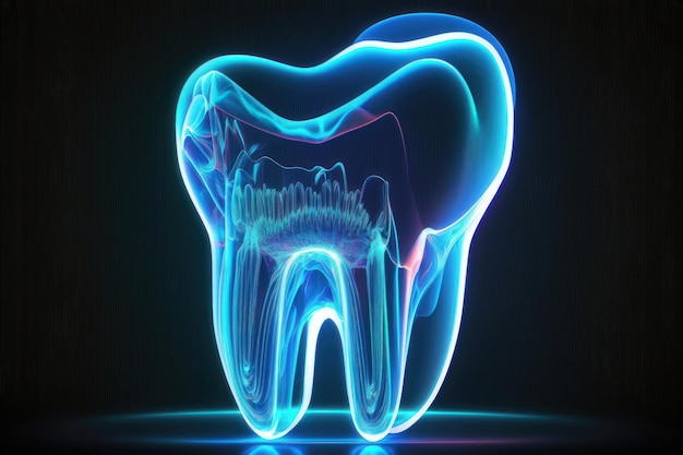 Image of a neon hologram tooth Medicine concept AI Generated