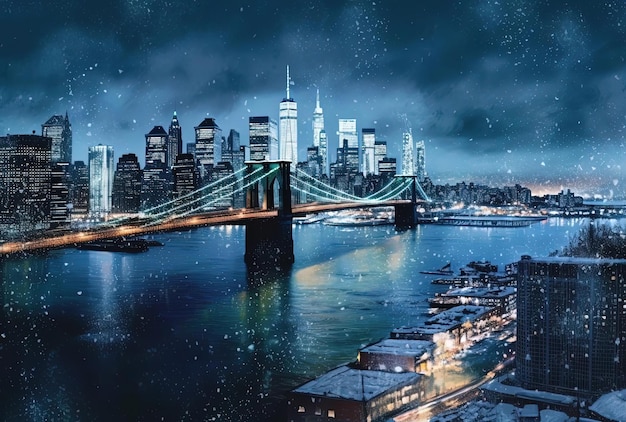 an image of new york city at night with snow falling in the style of panorama