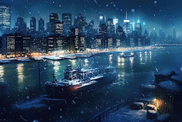 an image of new york city at night with snow falling in the style of panorama