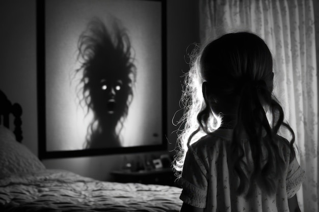 The image of a nightmare in reality an evil spirit in a bedroom black and white style AI generated