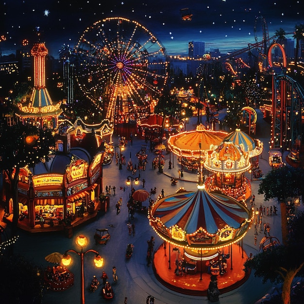 Image of a nighttime amusement park with illuminated rides and attractions