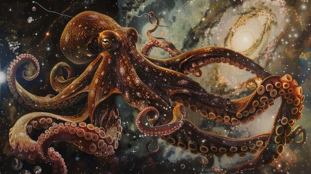 Photo an image of an octopus in space with a galaxy in the background and stars