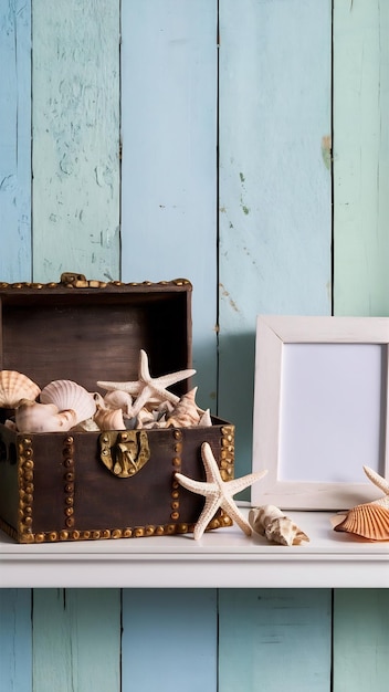 Image of old chest full of seashells and starfish next to empty photo frame over white shelf and pa