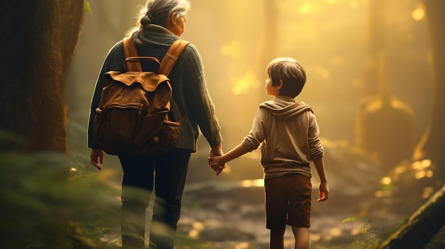 Image of an old woman and a kid holding hands together