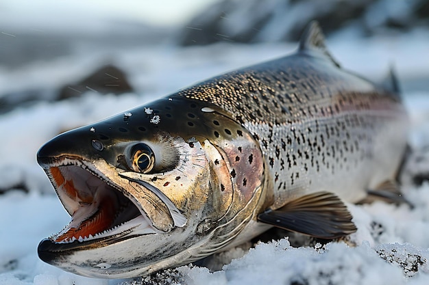 Image of an open mouth silver salmon fish on a white background an ultra realistic photographic sty