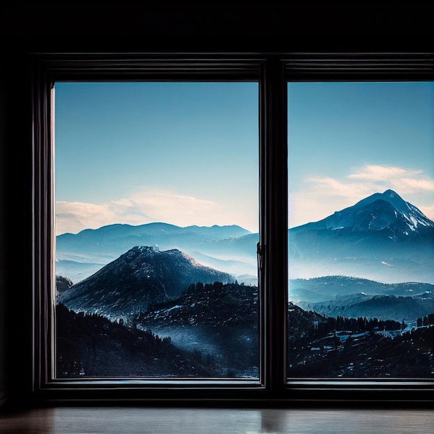 Image of an open window with a mountain view