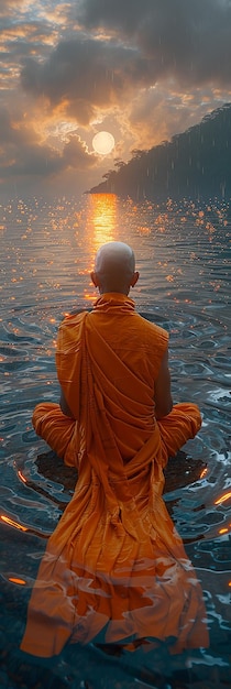 Photo image of orangerobed buddhist monk sitting in meditation