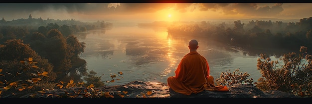 Photo image of orangerobed buddhist monk sitting in meditation