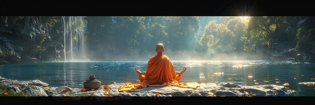 Photo image of orangerobed buddhist monk sitting in meditation